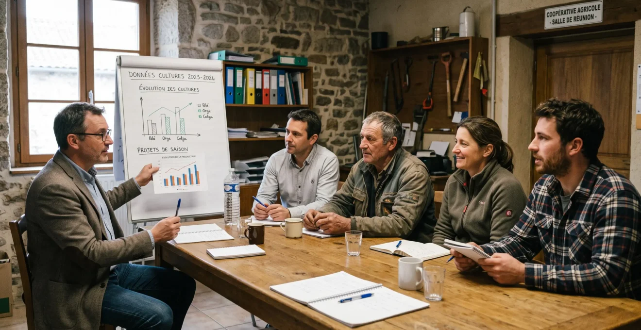 Conseillers et agriculteurs examinant des données agronomiques autour d’une table