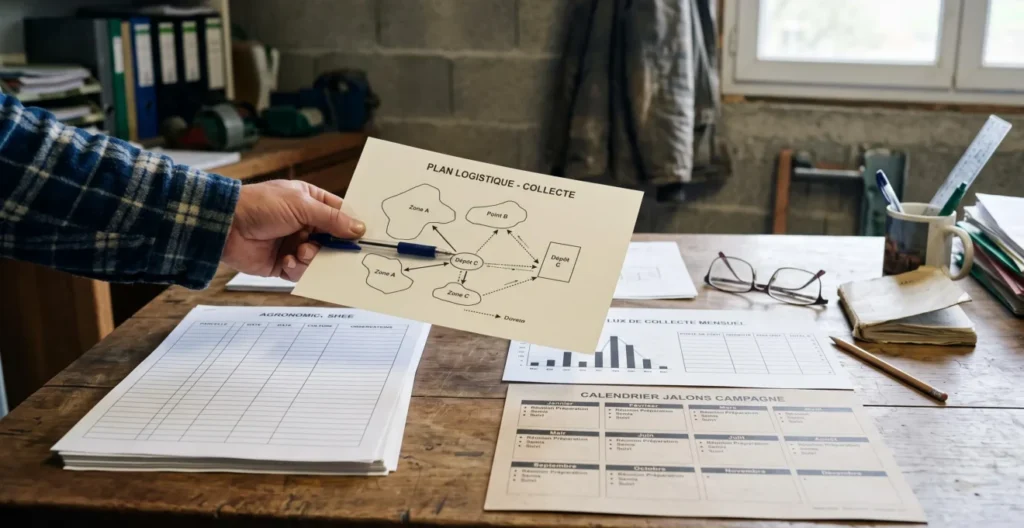 Dossier de consultation d’une filière agricole avec plans, inventaire logistique et documents financiers non renseignés.