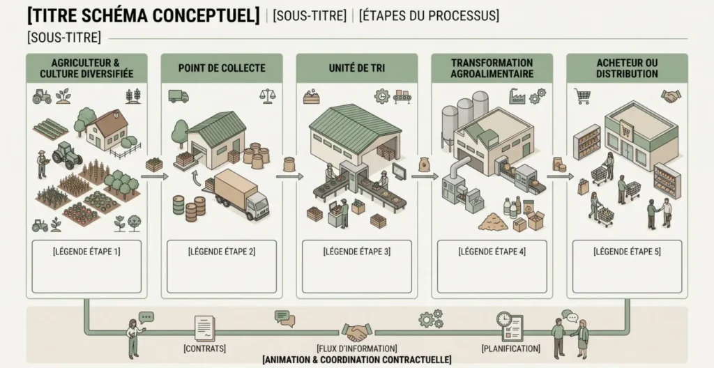 Schéma pédagogique des étapes production, collecte, tri, transformation et commercialisation.